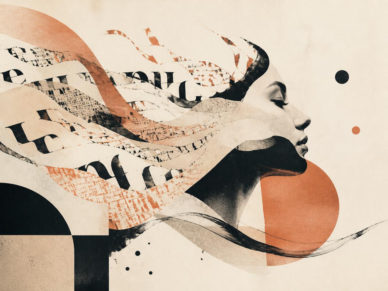 Abstract editorial collage of typography turning into ink strokes